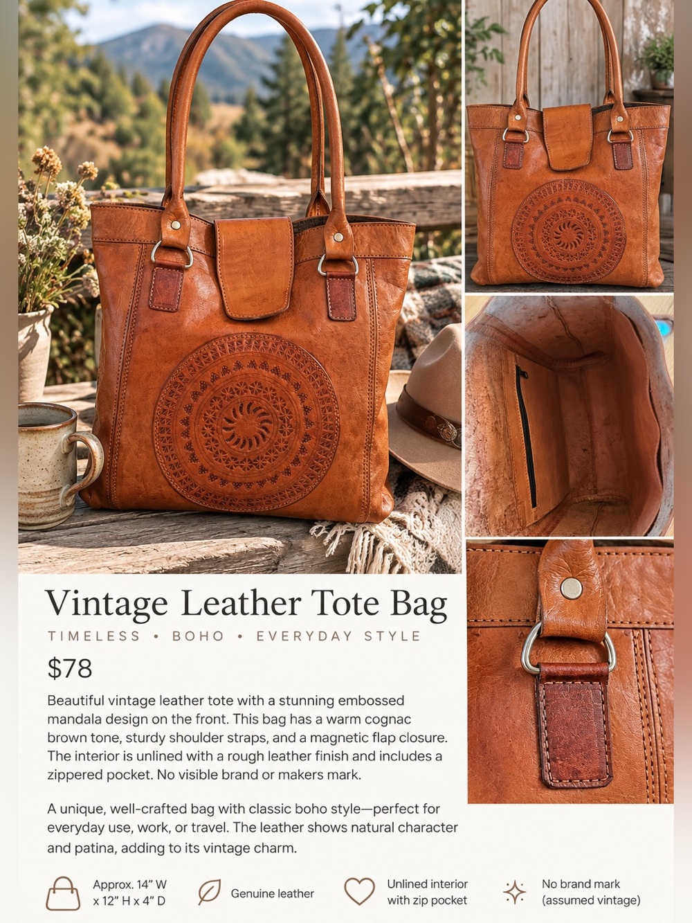 Vintage Cognac Leather Embossed Boho Tote Bag EUC - Picture 2 of 16
